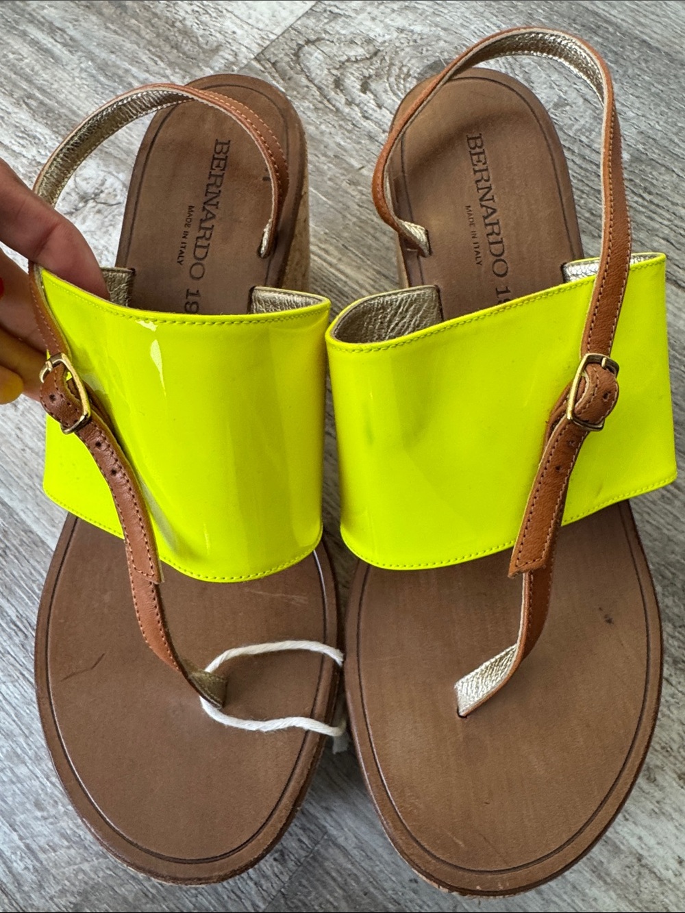 Bernardo Neon Yellow Patent Leather Slingback Sandals with Tan Straps